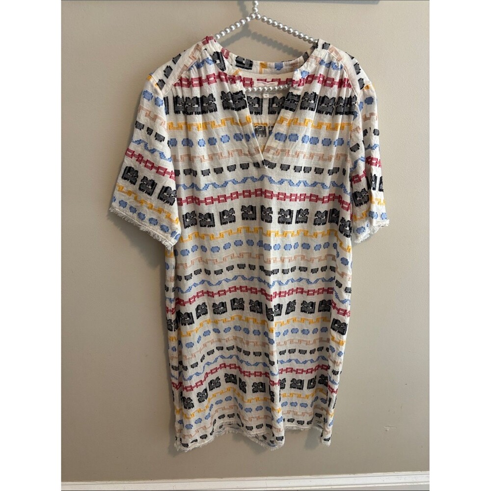 Lou & Grey Shift Tunic Dress Medium M White Multicolor Embroidered Cotton Fringe